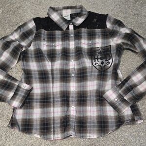 Harley-Davidson Black, White & Pink Plaid Button-Down Shirt with Lace Yoke